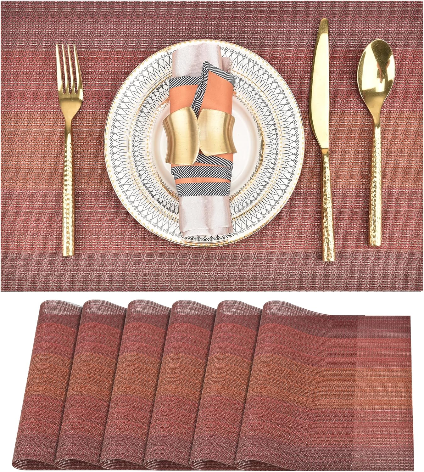 Placemats Set of 6 - Easy Clean Washable Vinyl Placemats - Wipeable Heat Resistant Table Mats for