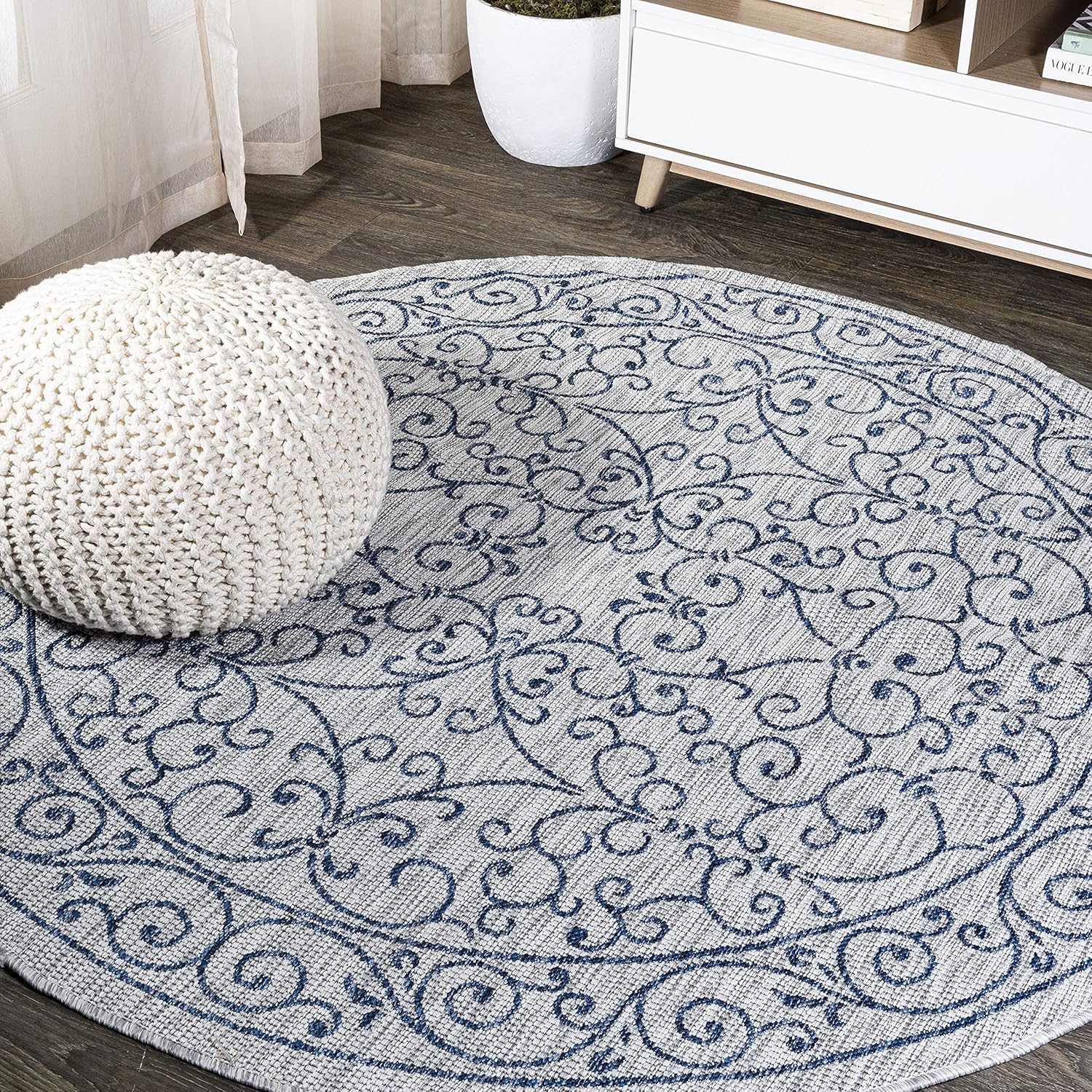JONATHAN Y Vintage Filigree Indoor Outdoor Round Area Rug 4 Ft Gray/Navy, Charleston Textured Weave