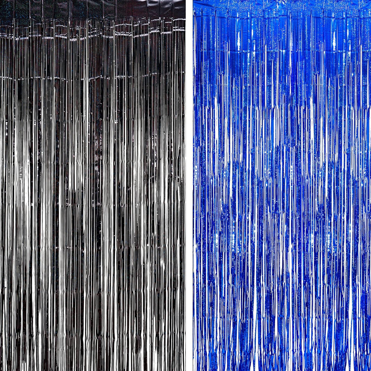 Foil Fringe Curtain Party Decorations - Black Blue Metallic Tinsel Photo Booth Backdrop Party