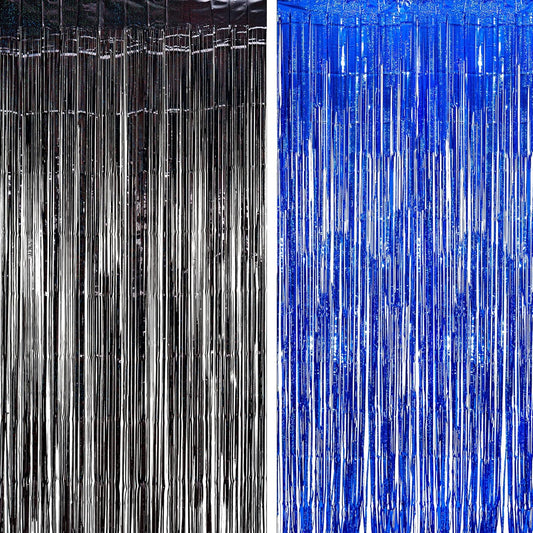 Foil Fringe Curtain Party Decorations - Black Blue Metallic Tinsel Photo Booth Backdrop Party