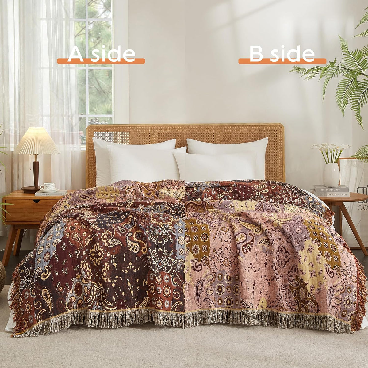 Boho Throw Blanket for Bed 60”x80”, 100% Cotton Woven Blanket for Couch Sofa, Ultra Soft 4-Layer