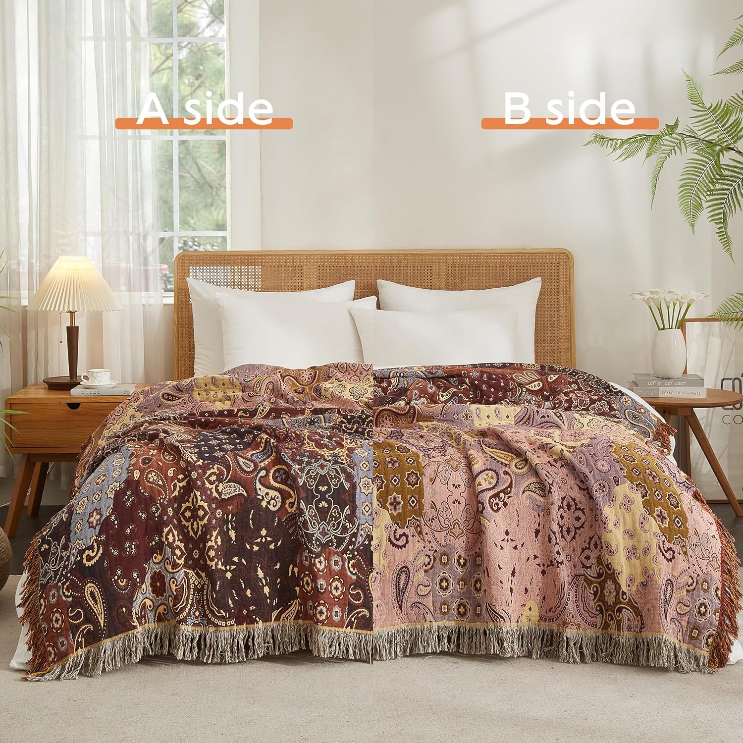 Boho Throw Blanket for Bed 80”x90”, 100% Cotton Woven Blanket for Couch Sofa, Ultra Soft 4-Layer