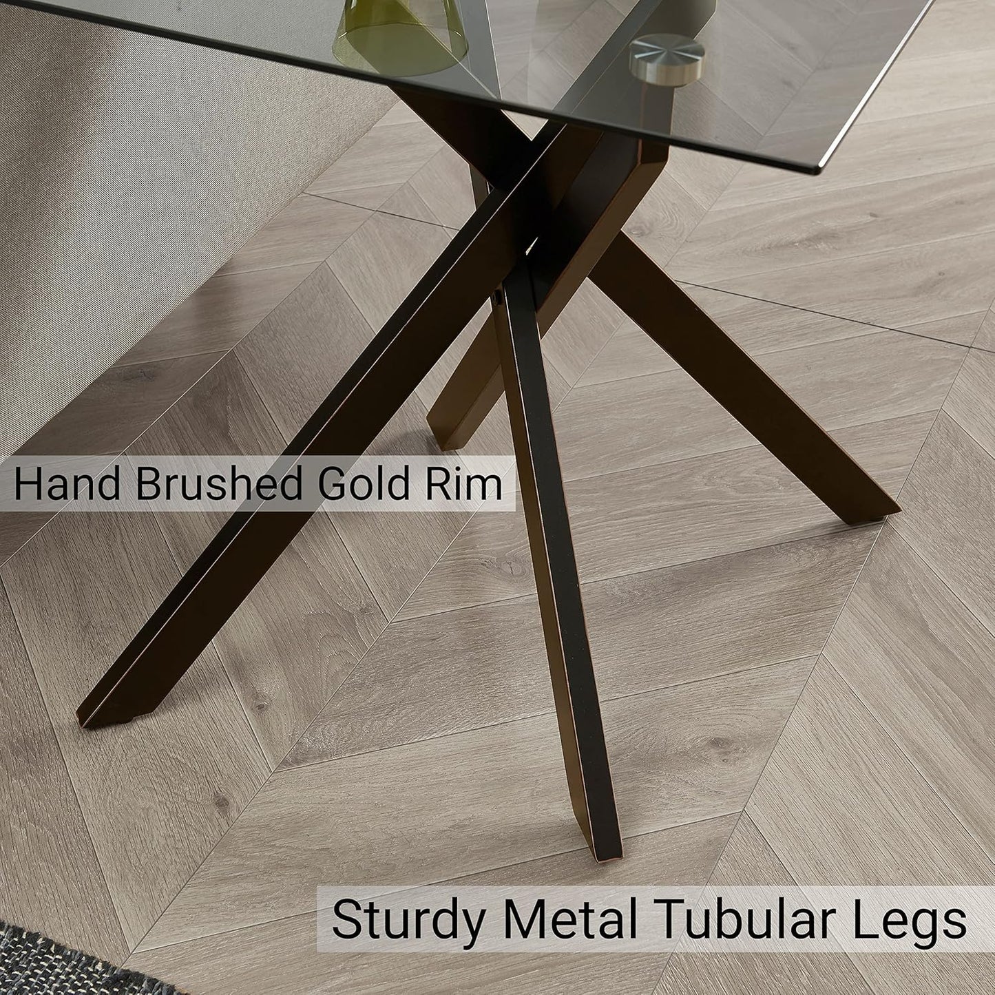 Modern Style Square Side Table with Grey Tempered Glass Top and Black Metal Tubular Legs with Gold