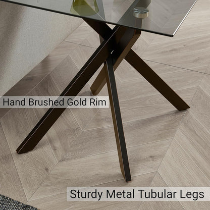 Modern Style Square Side Table with Grey Tempered Glass Top and Black Metal Tubular Legs with Gold