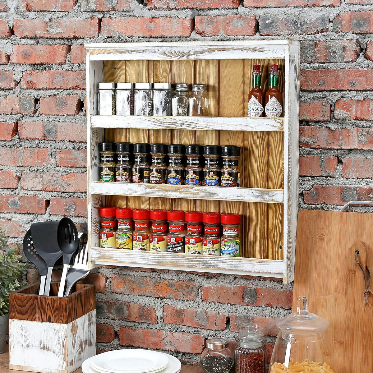 MyGift 3 Tier Wall Mounted Spice Rack, Shabby White Washed and Rustic Natural Burnt Solid Wood