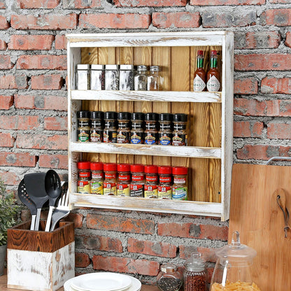 MyGift 3 Tier Wall Mounted Spice Rack, Shabby White Washed and Rustic Natural Burnt Solid Wood