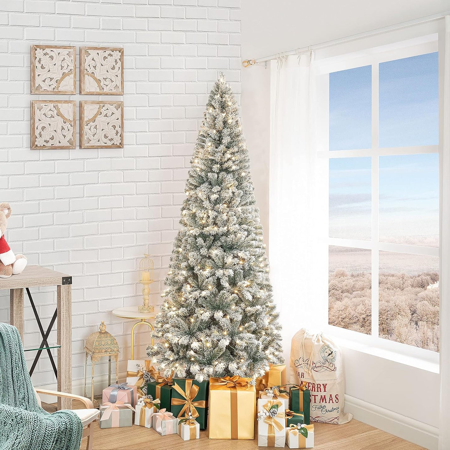 Naomi Home Salzburg 6.5ft Frosted Prelit Slim Artificial Christmas Tree with 864 Branch Tips, 250