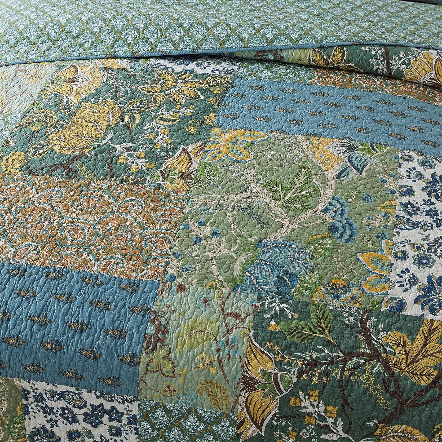 NEWLAKE Cotton Patchwork Bedspread, 3-Piece Bedding Quilt Set with Real Stitched Embroidery