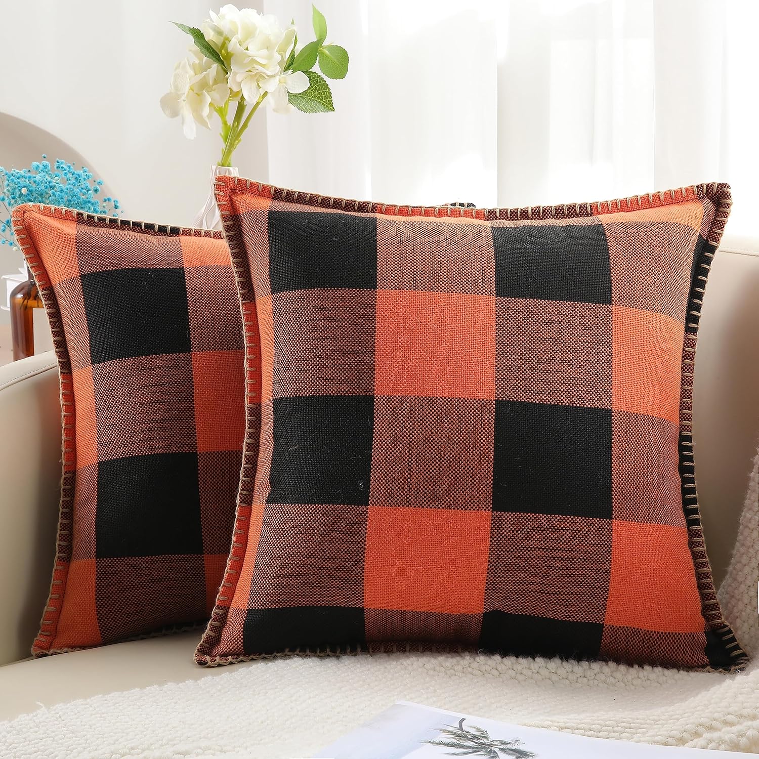 decorUhome Fall Orange and Black Decorative Throw Pillow Covers 22x22 Set of 2, Buffalo Plaid Check