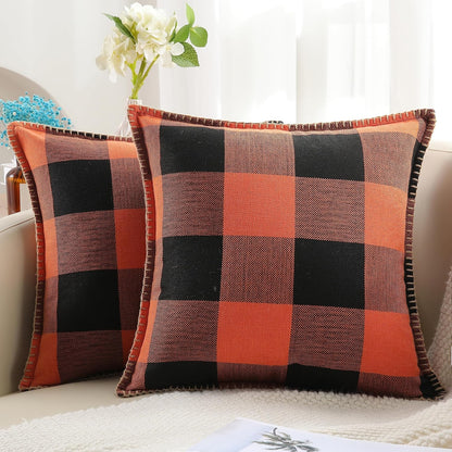 decorUhome Fall Orange and Black Decorative Throw Pillow Covers 22x22 Set of 2, Buffalo Plaid Check