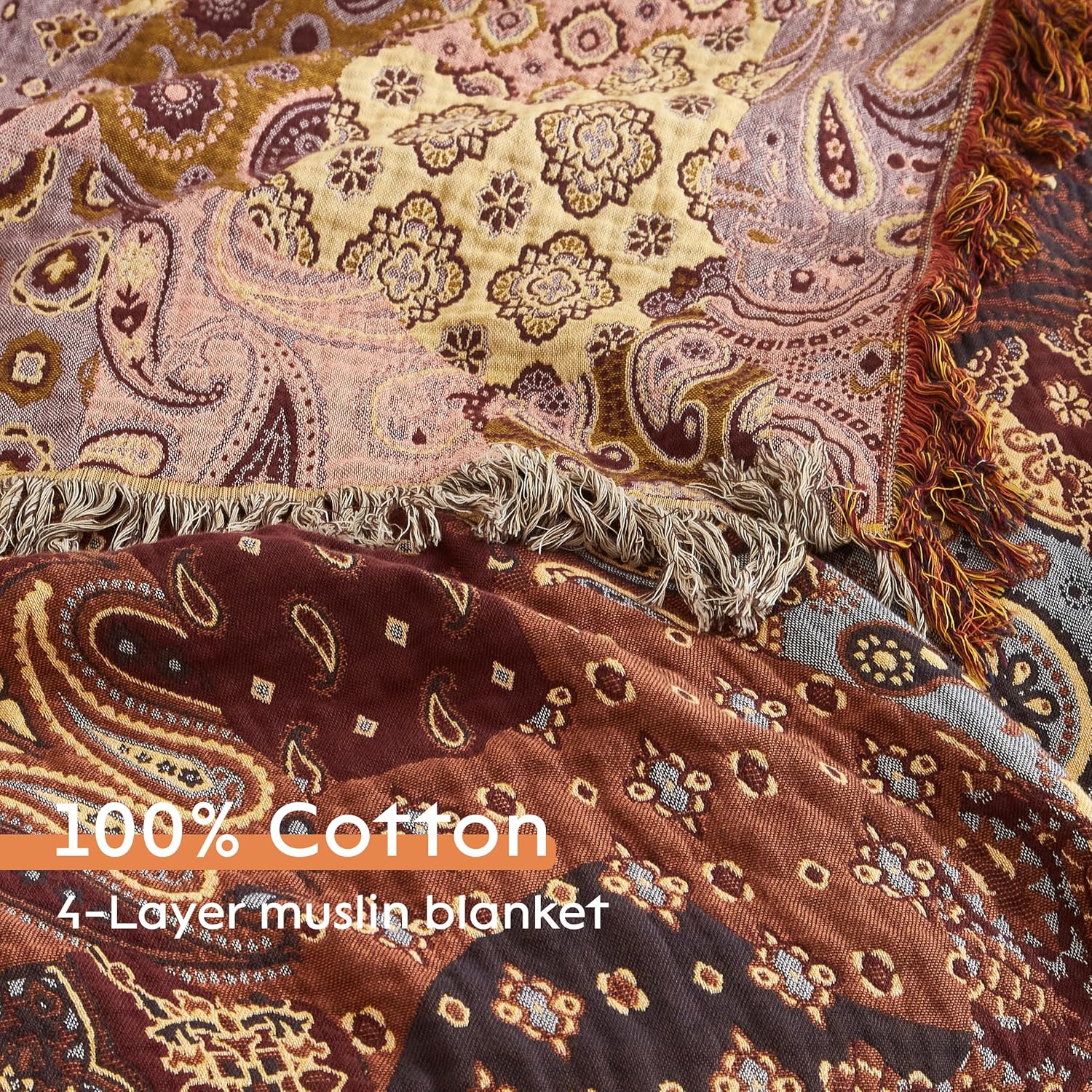 Boho Throw Blanket for Bed 60”x80”, 100% Cotton Woven Blanket for Couch Sofa, Ultra Soft 4-Layer