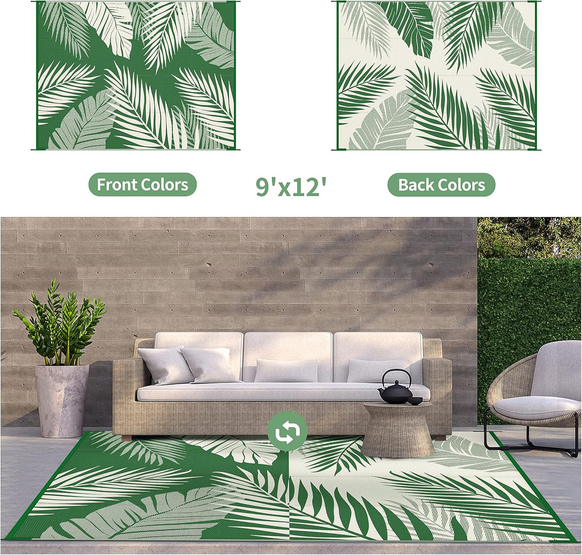 GENIMO Outdoor Rug 9' x 12' Waterproof for Patios Clearance, Reversible Outdoor Plastic Straw