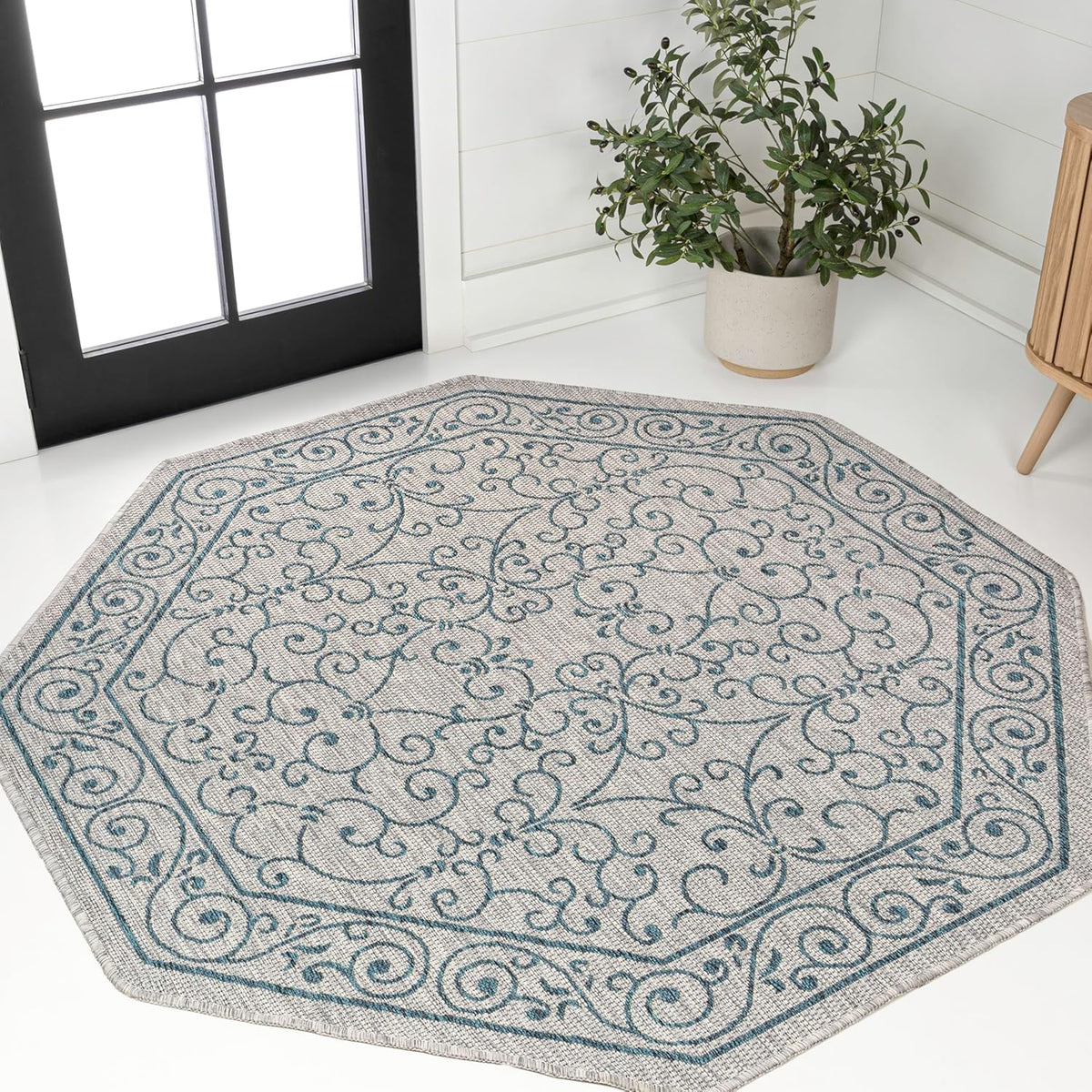 JONATHAN Y Vintage Filigree Indoor Outdoor Octagon Area Rug 5 Ft Gray/Teal, Charleston Textured