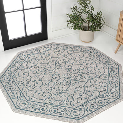 JONATHAN Y Vintage Filigree Indoor Outdoor Octagon Area Rug 5 Ft Gray/Teal, Charleston Textured