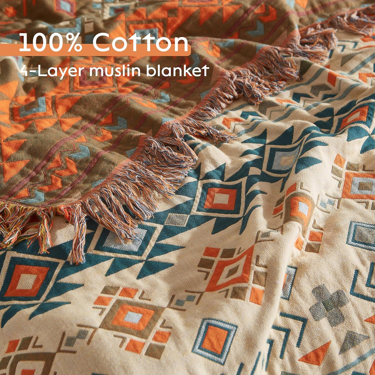 Boho Throw Blanket for Bed 90”x98”, 100% Cotton Woven Blanket for Couch Sofa, Ultra Soft 4-Layer