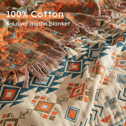 Boho Throw Blanket for Bed 60”x80”, 100% Cotton Woven Blanket for Couch Sofa, Ultra Soft 4-Layer
