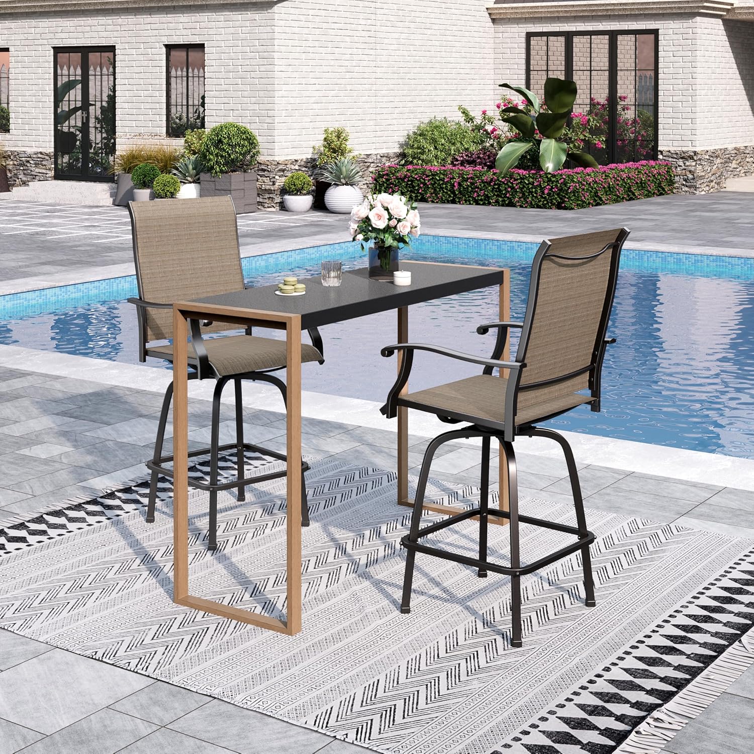 Sophia & William Outdoor Bar Set, Patio Bar Table and Chairs Set, Bar Height Patio Set - 2 x Swivel