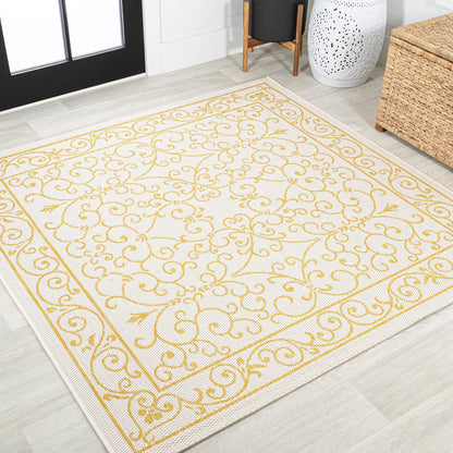 JONATHAN Y Vintage Filigree Indoor Outdoor Square Area Rug 5X5 Cream/Yellow, Charleston Textured