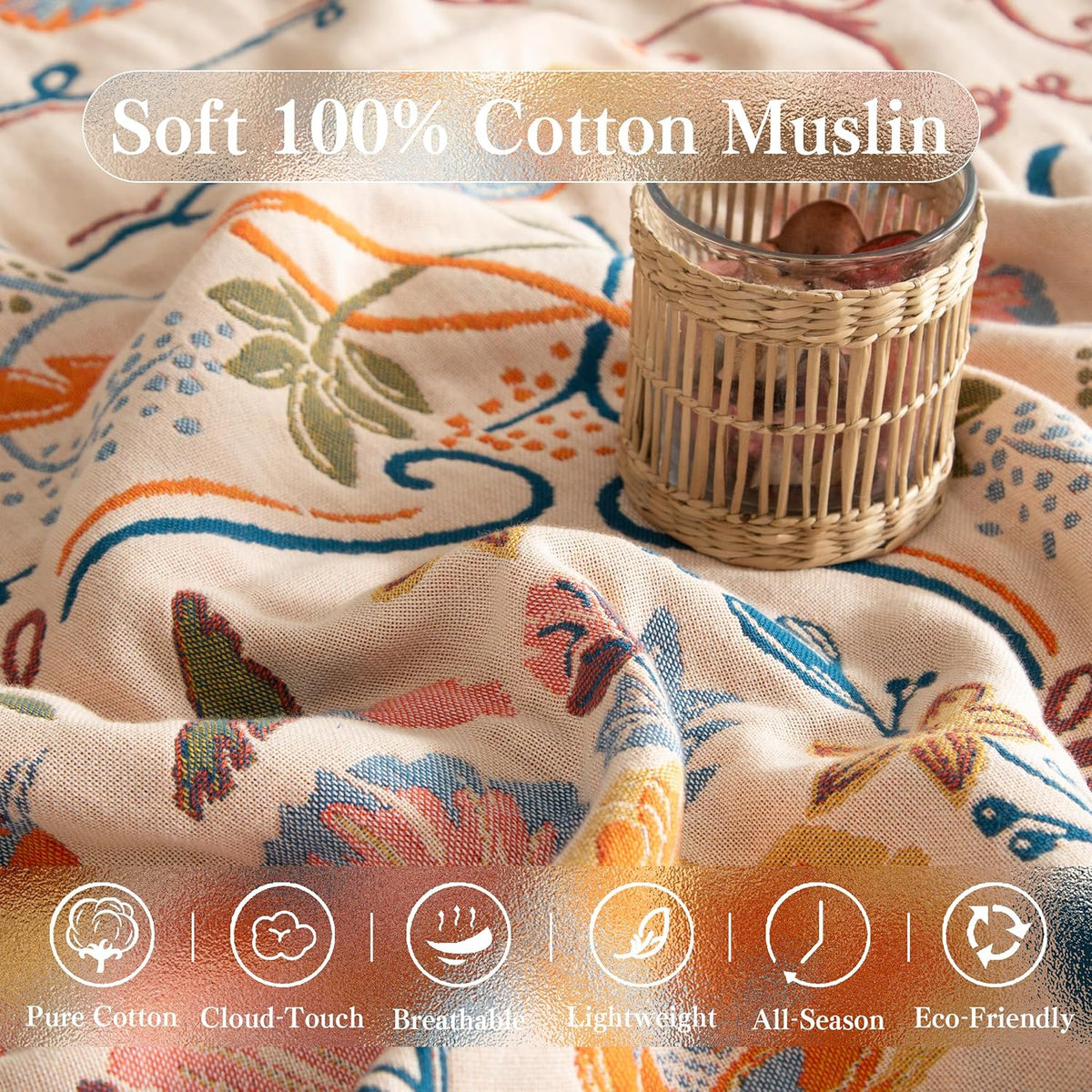Boho Throw Blanket Twin Size, Soft Cozy Cotton Muslin Quilt Blanket for Bed Decor, Floral Patterned
