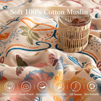 Boho Throw Blanket Twin Size, Soft Cozy Cotton Muslin Quilt Blanket for Bed Decor, Floral Patterned