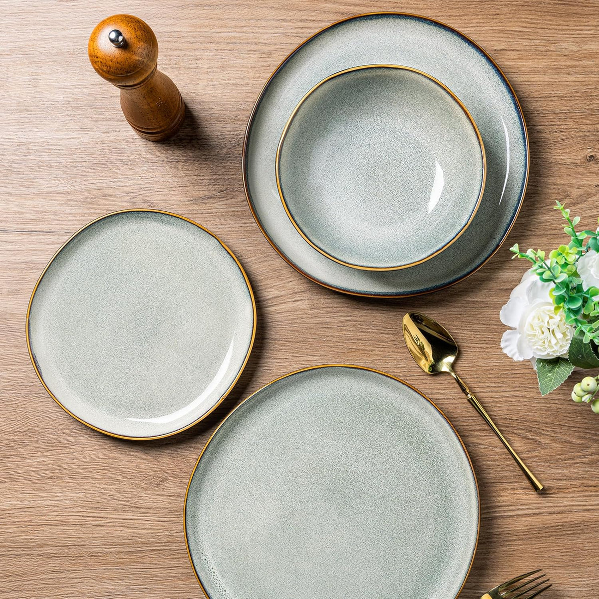 AmorArc Ceramic Dinnerware Sets,Handmade Reactive Glaze Stoneware Plates and Bowls Sets,Highly Chip