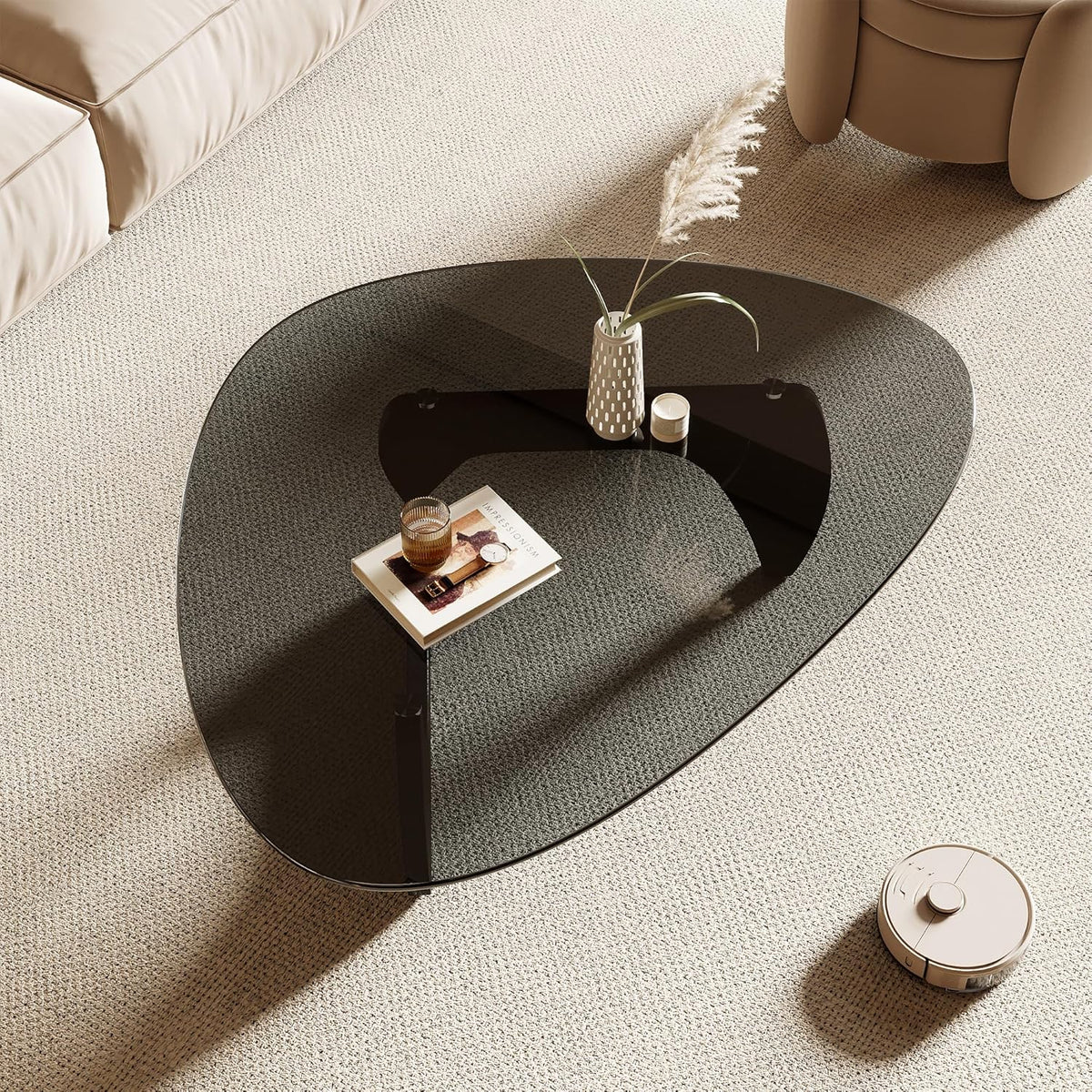 Honyee Morden Coffee Table, 42.5" x 28.5" x 16.1" Triangle Tempered Glass Top for Living Room