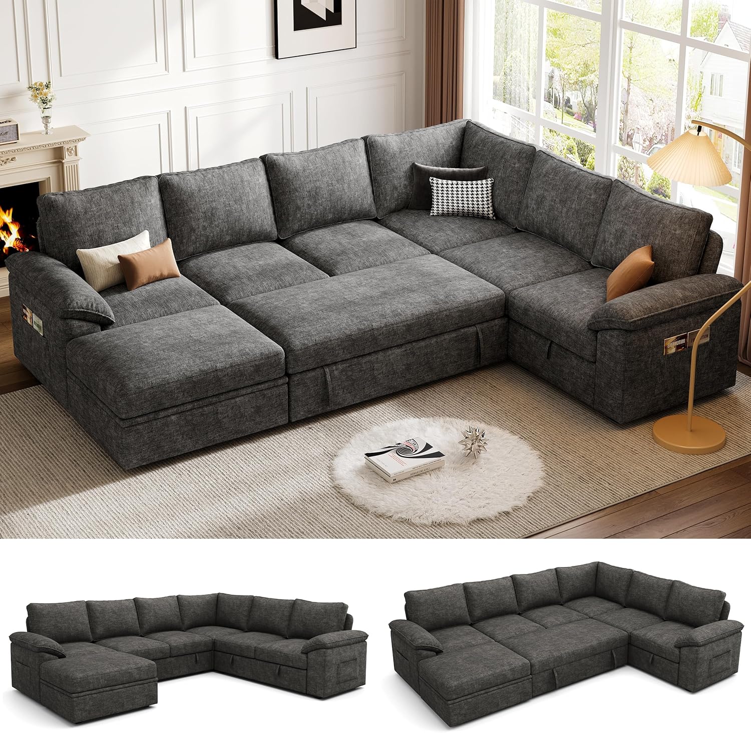 108 Inch Sectional Sleeper Sofa with Pull Out Bed,U Shaped 7 Seat Modular Sectional Sofa with