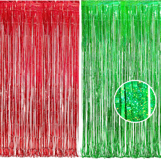 BRAVESHINE Tinsel Foil Fringe Curtains - 2 Pack 3.2 x 8.2 ft Metallic Photo Booth Streamer