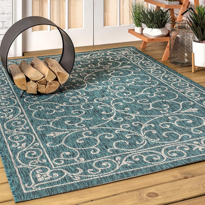 JONATHAN Y Vintage Filigree Indoor Outdoor Area Rug 3X5 Teal/Gray, Charleston Textured Weave for