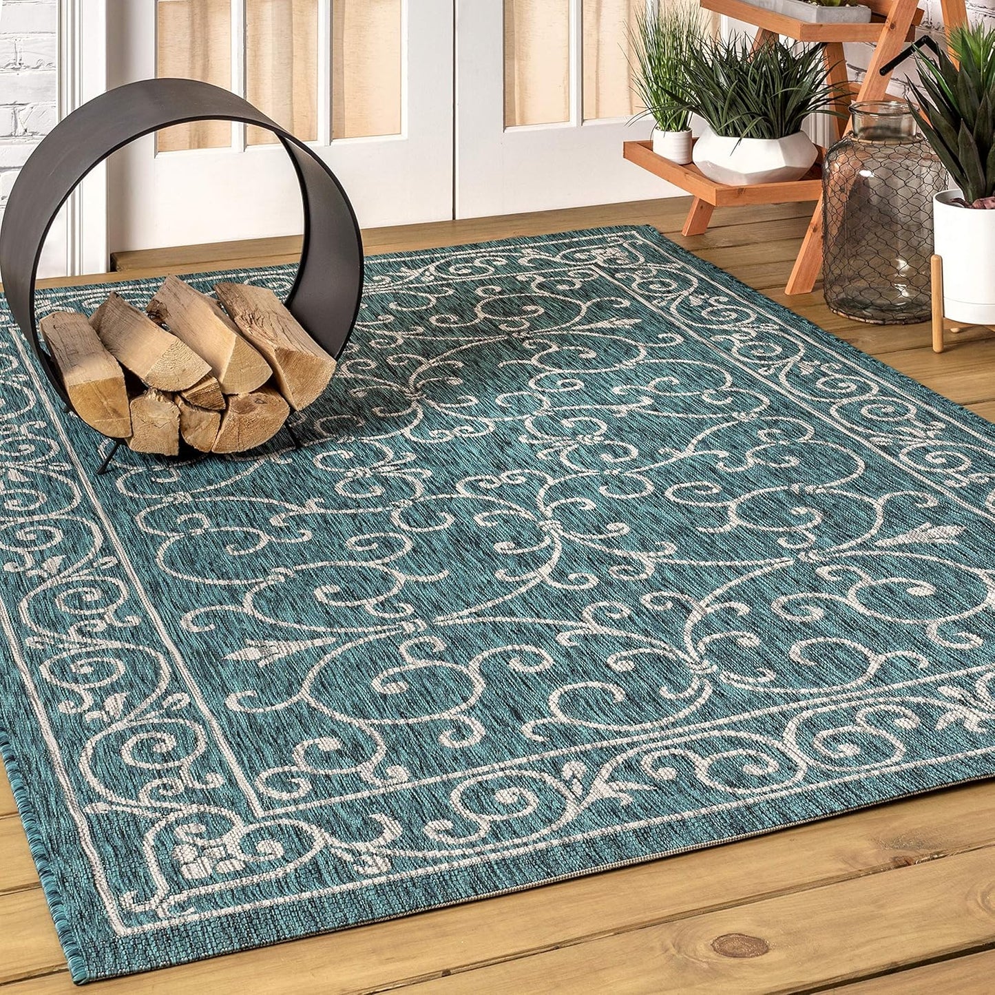 JONATHAN Y Vintage Filigree Indoor Outdoor Area Rug 5X8 Teal/Gray, Charleston Textured Weave for