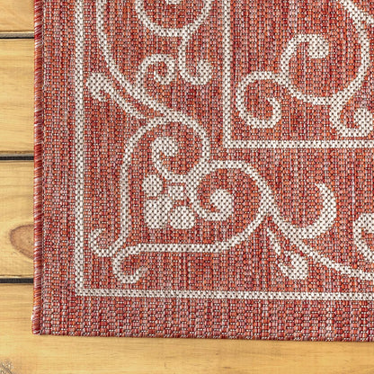 JONATHAN Y Vintage Filigree Indoor Outdoor Square Area Rug 8X8 Red/Beige, Charleston Textured Weave
