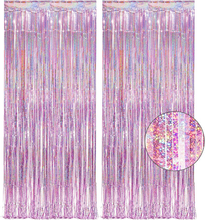 Pink Tinsel Curtain Party Backdrop - GREATRIL Foil Fringe Curtain Lilac Pink Party Streamers for