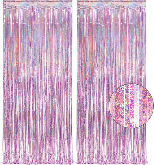 Pink Tinsel Curtain Party Backdrop - GREATRIL Foil Fringe Curtain Lilac Pink Party Streamers for