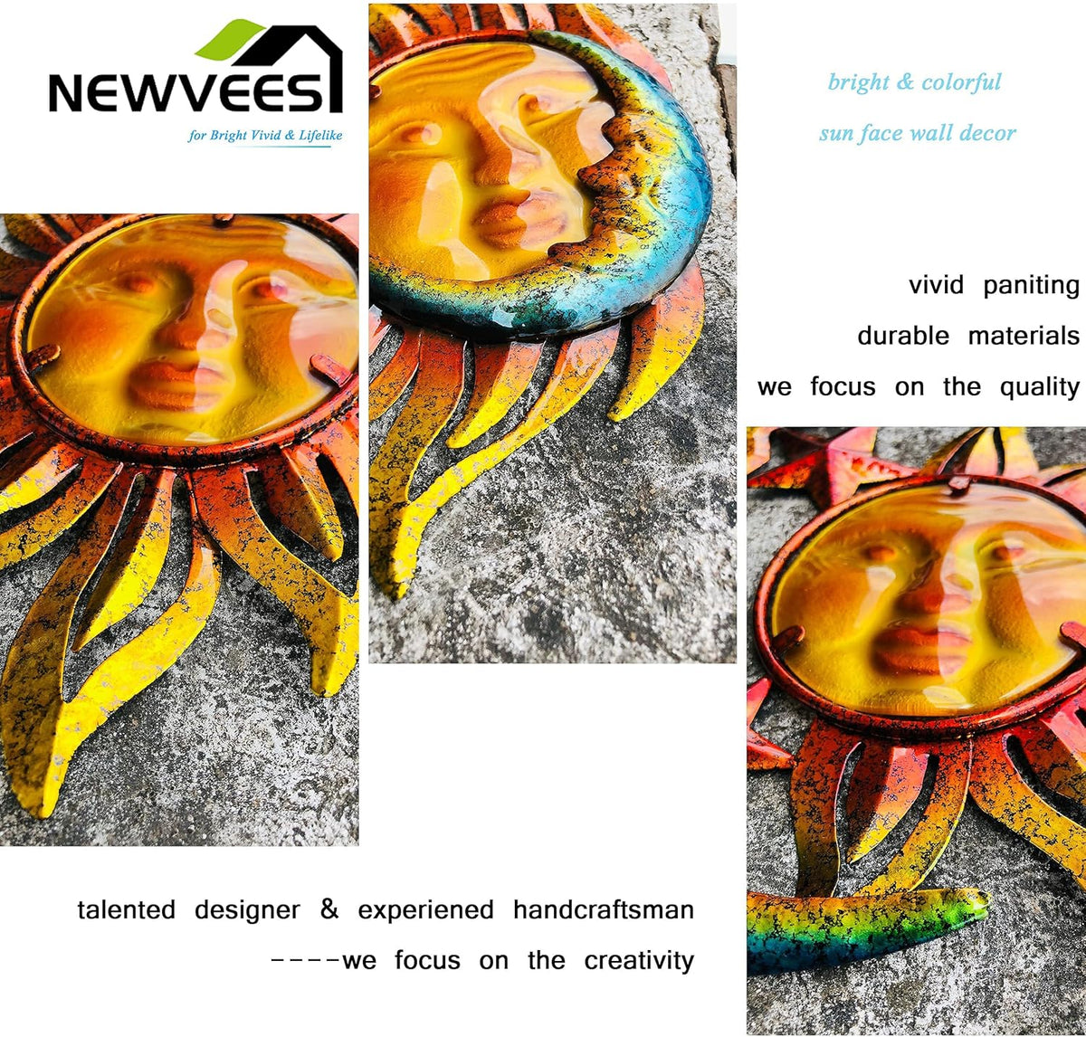 Sun Face Metal Wall Art Décor Outdoor Indoor, Sun Moon Star, Metal Glass Hanging for Garden Sun