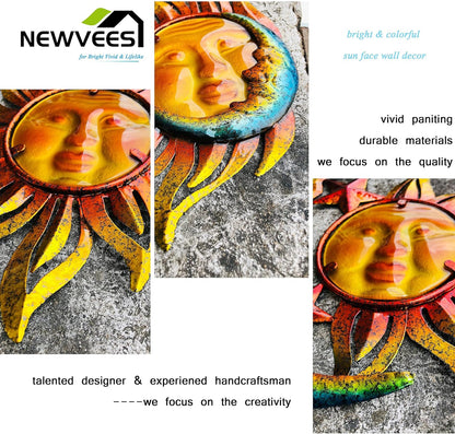 Sun Face Metal Wall Art Décor Outdoor Indoor, Sun Moon Star, Metal Glass Hanging for Garden Sun