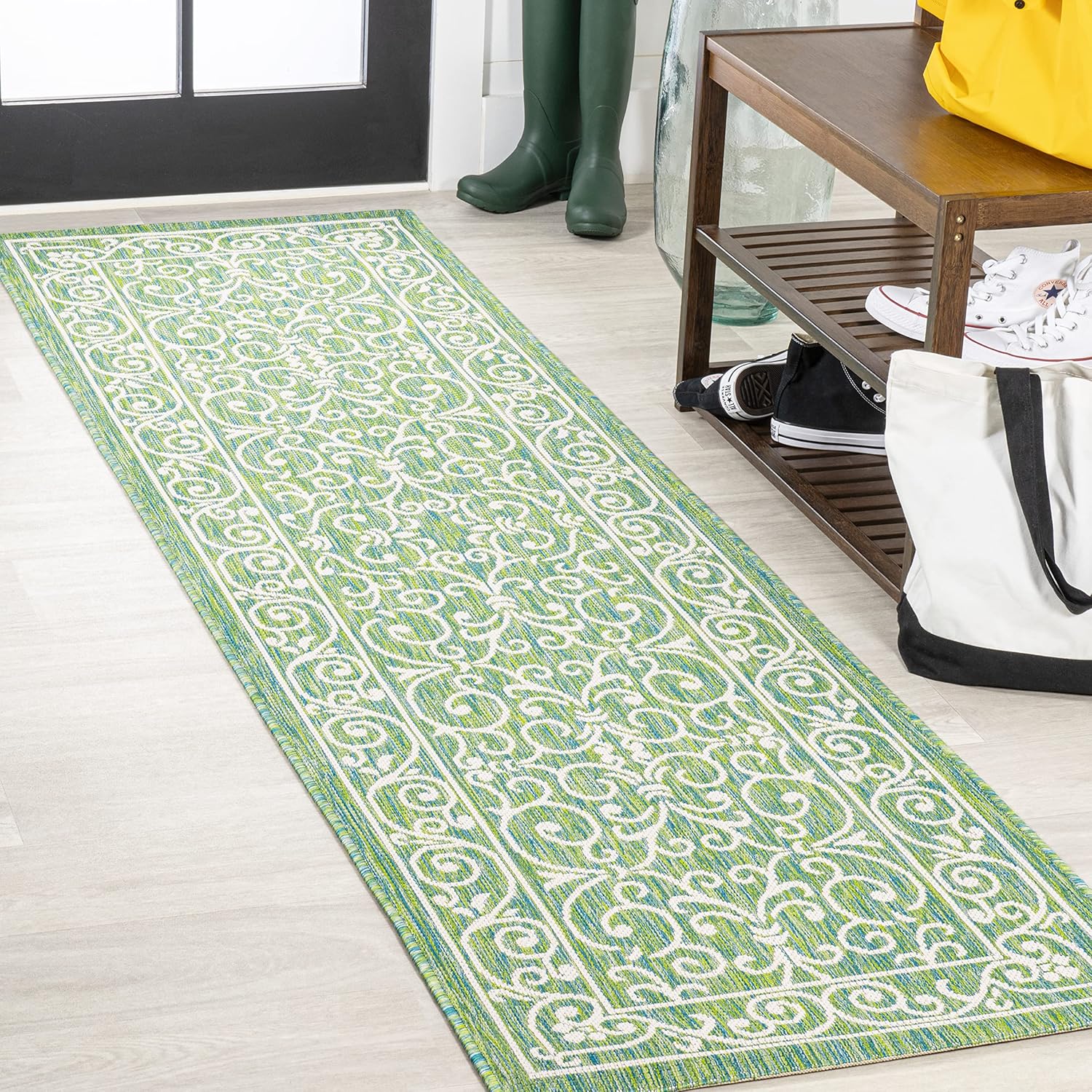 JONATHAN Y Vintage Filigree Indoor Outdoor Runner Rug 2X10 Green/Ivory, Charleston Textured Weave