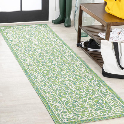 JONATHAN Y Vintage Filigree Indoor Outdoor Runner Rug 2X10 Green/Ivory, Charleston Textured Weave