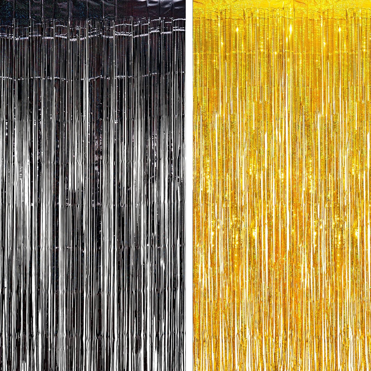 BRAVESHINE Black Gold Foil Fringe Curtain Backdrop - 2 Pack 3.2 x 8.2 ft Metallic Tinsel Photo