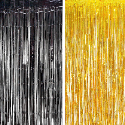 BRAVESHINE Black Gold Foil Fringe Curtain Backdrop - 2 Pack 3.2 x 8.2 ft Metallic Tinsel Photo