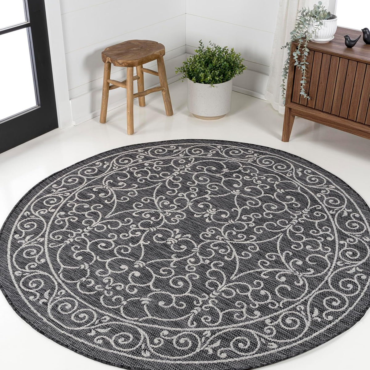 JONATHAN Y Vintage Filigree Indoor Outdoor Round Area Rug 3 Ft Black/Gray, Charleston Textured