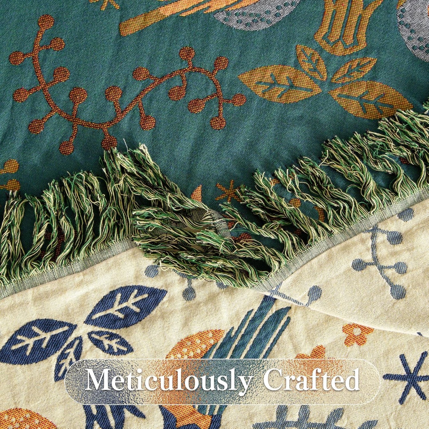 Boho Throw Blanket Twin Size, Soft Cozy Cotton Muslin Quilt Blanket for Bed Decor, Bird Patterned