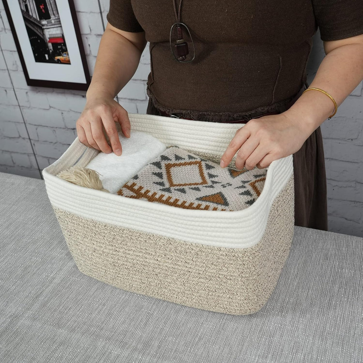 Cotton Rope storage Basket Bins Woven Basket for Organizing Shelves Rectangle Decorative Baskets