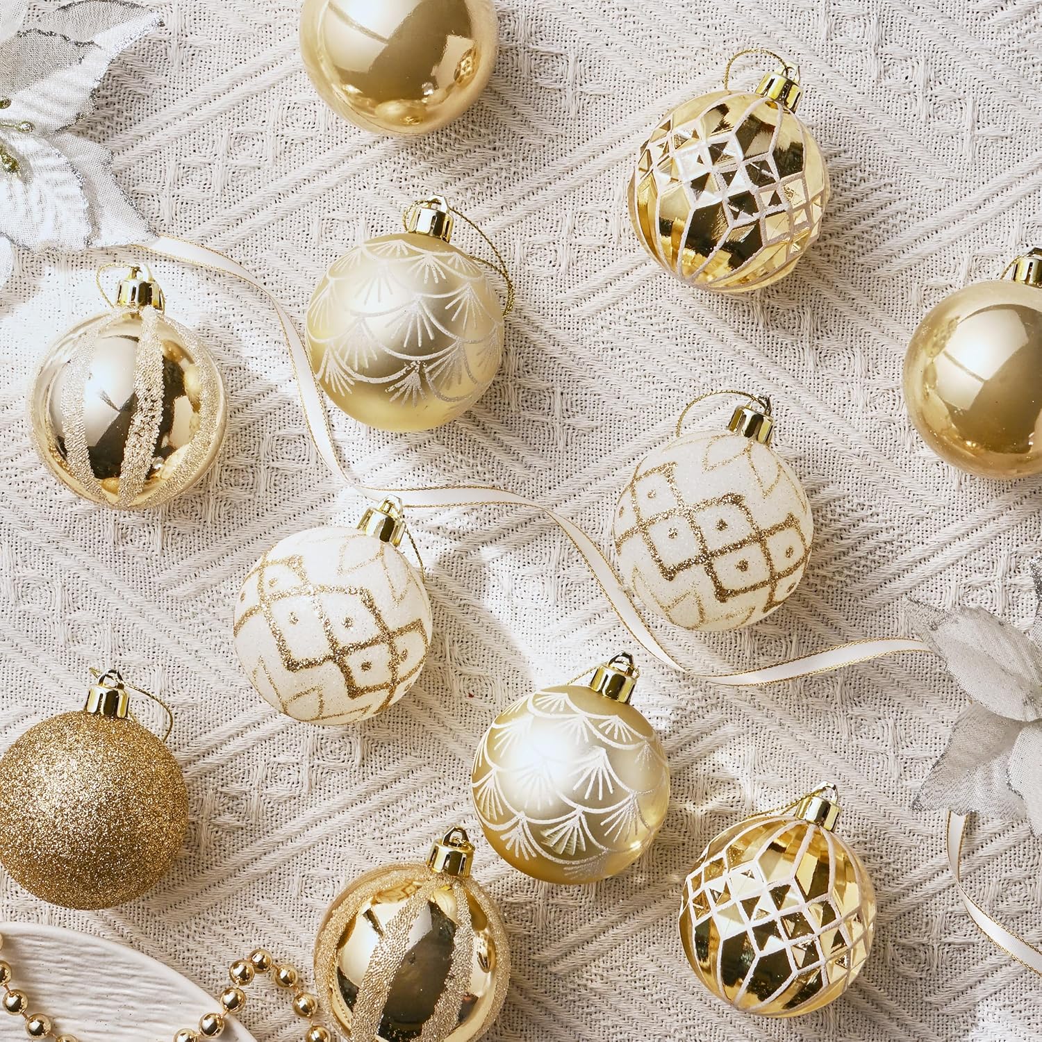 Valery Madelyn Christmas Ornaments Set, 30ct 2 Inches White and Gold Shatterproof Christmas Tree