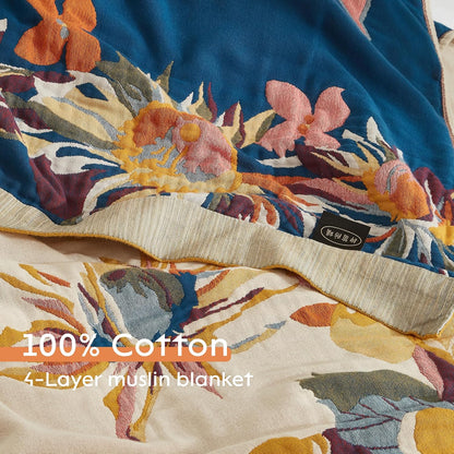 Boho Throw Blanket for Bed 80”x90”, 100% Cotton Woven Blanket for Couch Sofa, Ultra Soft 4-Layer