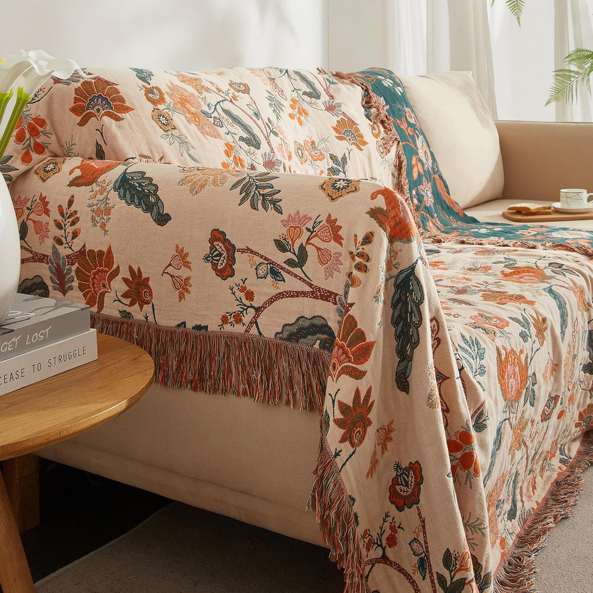 Boho Throw Blanket for Bed 80”x90”, 100% Cotton Woven Blanket for Couch Sofa, Ultra Soft 4-Layer