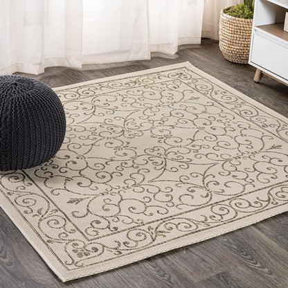 JONATHAN Y Vintage Filigree Indoor Outdoor Square Area Rug 4X4 Beige/Brown, Charleston Textured