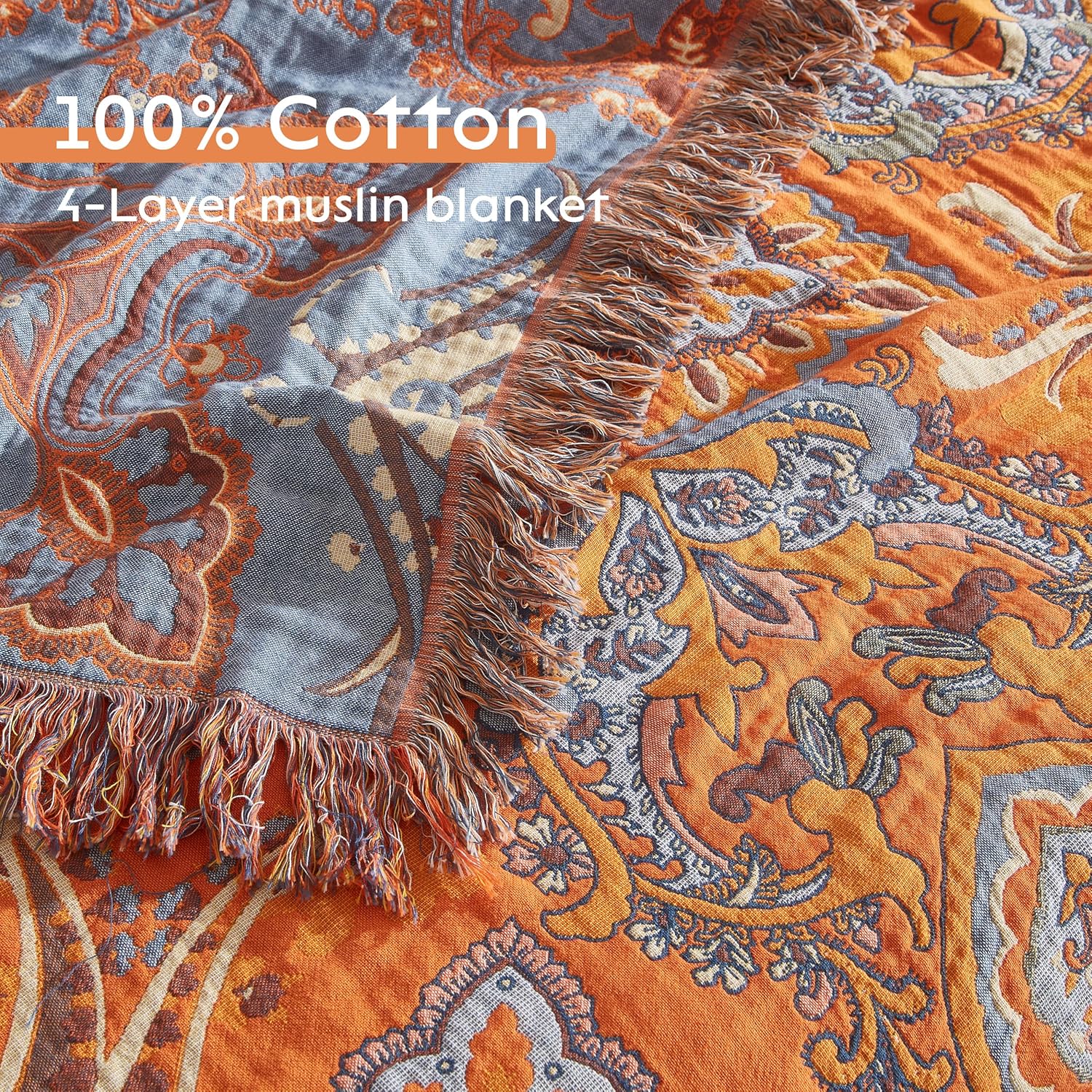 Boho Throw Blanket for Bed 80”x90”, 100% Cotton Woven Blanket for Couch Sofa, Ultra Soft 4-Layer