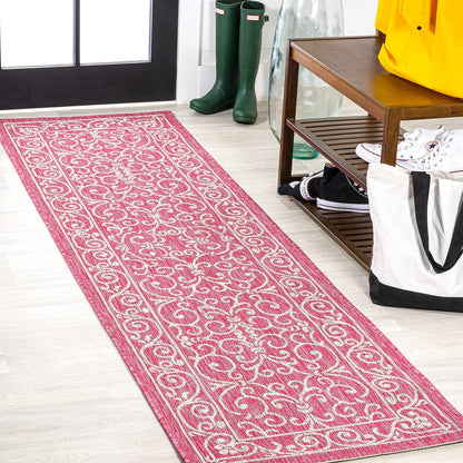 JONATHAN Y Vintage Filigree Indoor Outdoor Runner Rug 2X10 Fuchsia/Light Gray, Charleston Textured