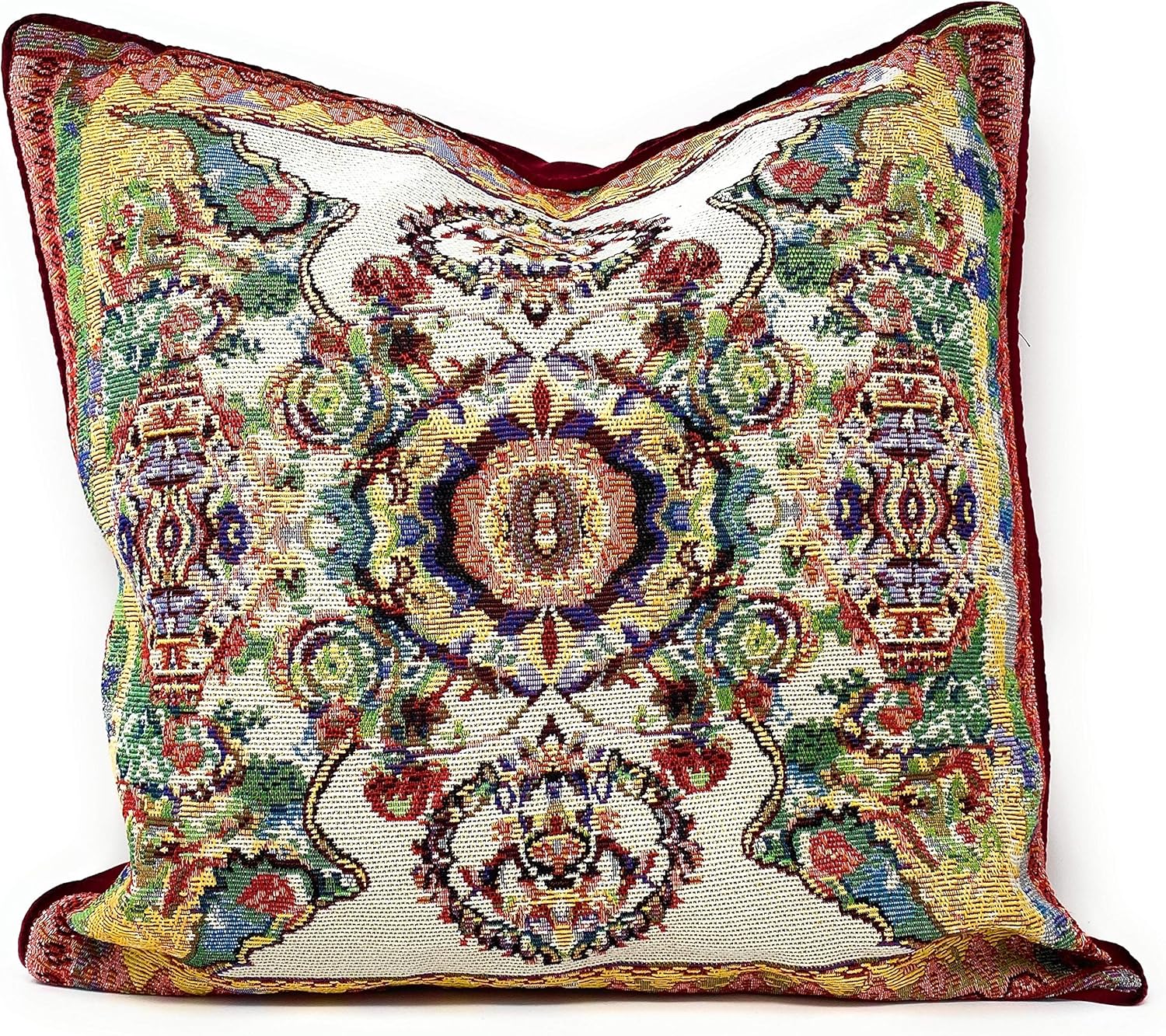 Tache Cushion Cover 18x18 Rococo Elegant Ornate Ivory Colorful Paisley Cotton Linen Tapestry Woven
