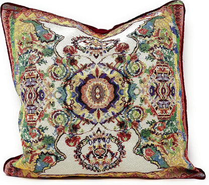 Tache Cushion Cover 18x18 Rococo Elegant Ornate Ivory Colorful Paisley Cotton Linen Tapestry Woven